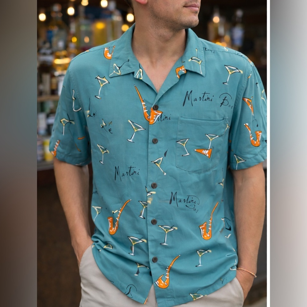 Vtg 90s Utility Martini Bar Rayon Shirt Small Jazz Lounge Saxophone Cocktail